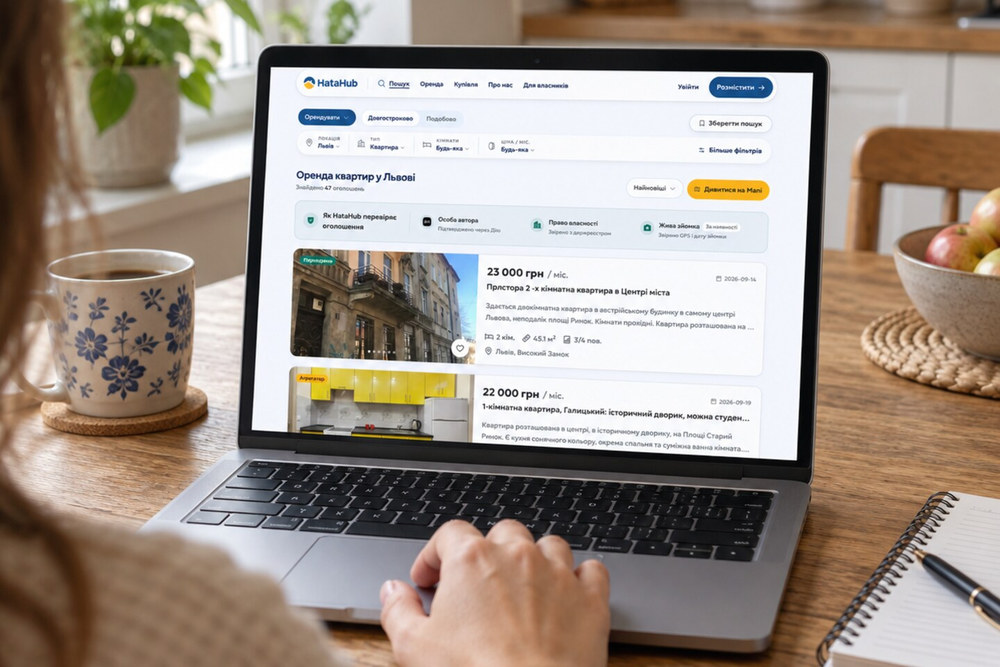 Результати пошуку оренди у Львові на HataHub, відкриті на ноутбуці: карта поруч зі списком і картка з позначкою «Перевірено»